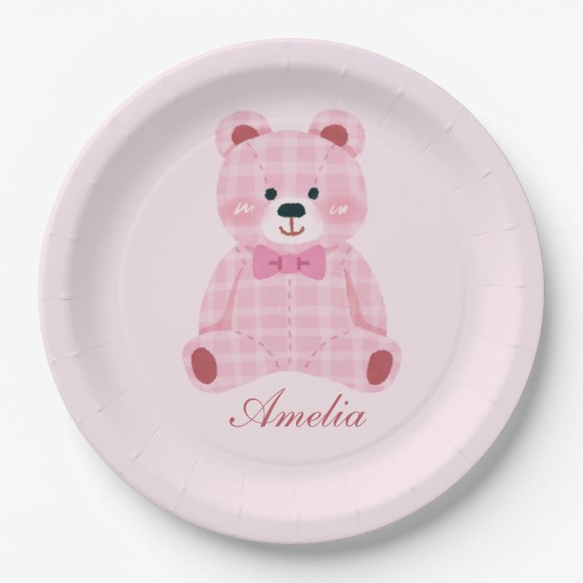 Plato De Papel Pink Gingham Teddy (Anverso)