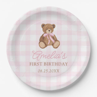 Plato De Papel Pink Gingham Teddy Bear Beary First Birthday