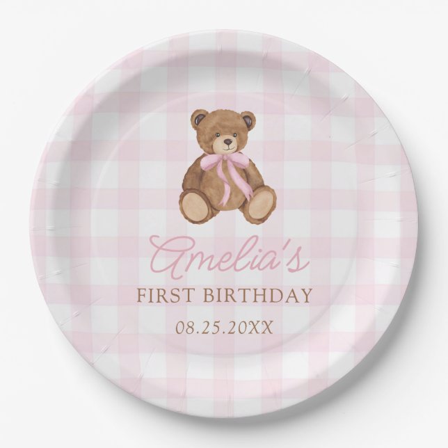 Plato De Papel Pink Gingham Teddy Bear Beary First Birthday (Anverso)