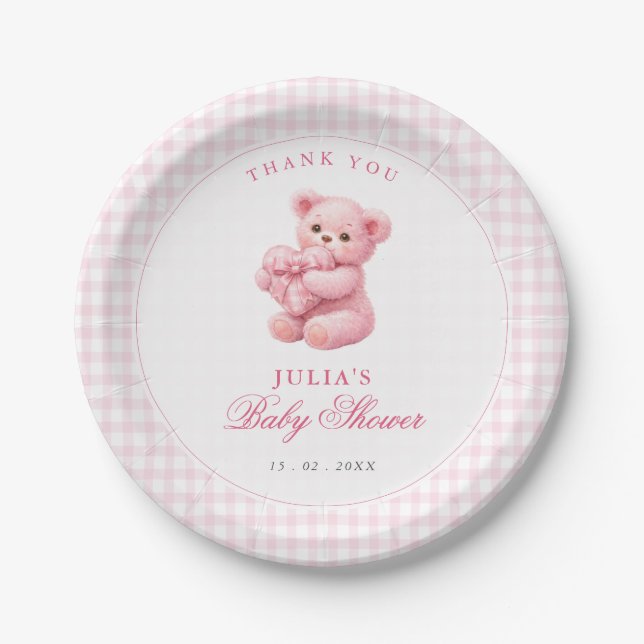 Plato De Papel Pink Gingham Teddy Bear Neutral Baby Shower (Anverso)