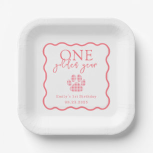 Plato De Papel Pink Gingham Whimsical Un Año Dorado Cumpleaños