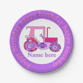 Plato De Papel Pink Girly Tractor Feliz cumpleaños