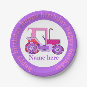 Plato De Papel Pink Girly Tractor Feliz cumpleaños
