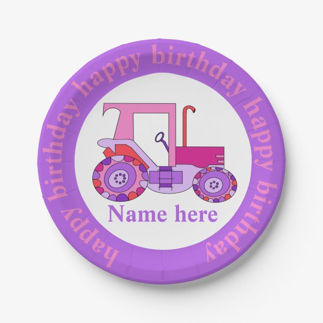 Plato De Papel Pink Girly Tractor Feliz cumpleaños (Anverso)