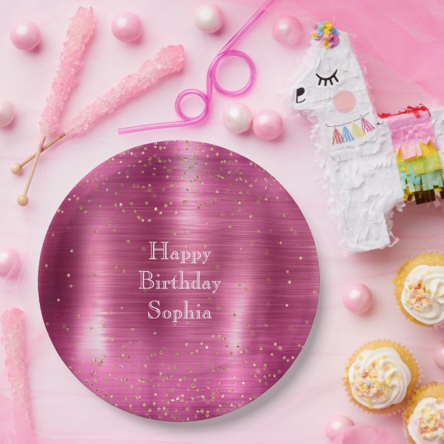 Plato De Papel Pink Glam Gold Sparkle Confetti Cumpleaños (Fiesta)