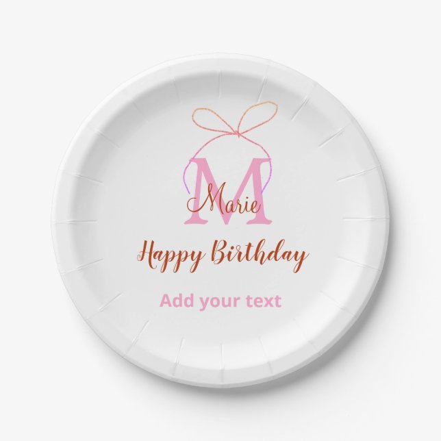 Plato De Papel Pink glitter bow add name letter monogram birthday (Anverso)