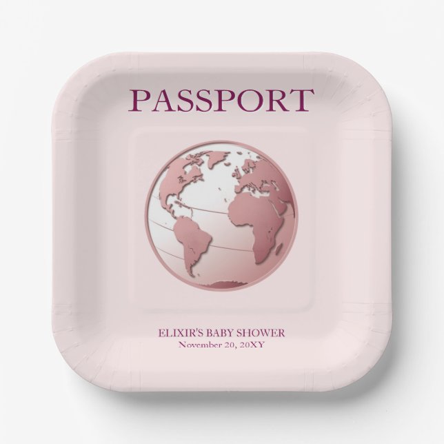 Plato De Papel Pink Globe Passport Travel Baby Shower (Anverso)