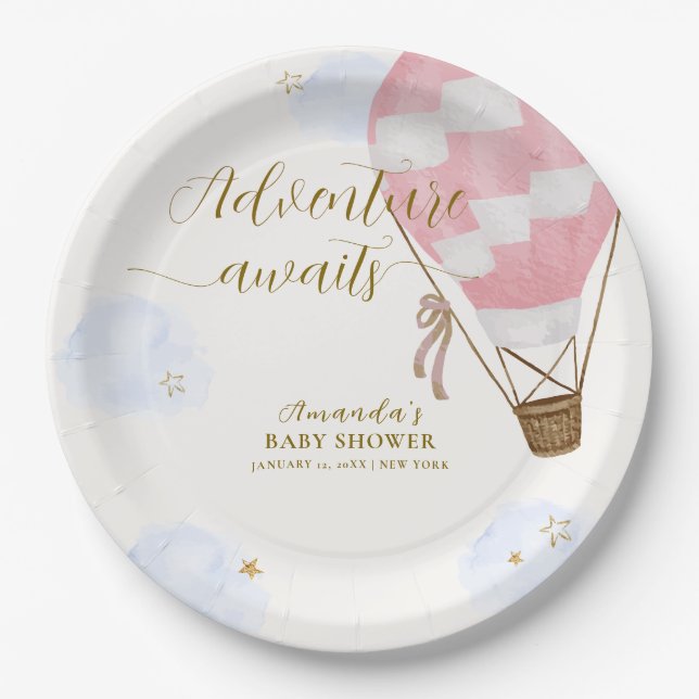 Plato De Papel Pink Gold Adventure Hot Air Balloon Baby Shower (Anverso)