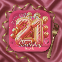 Plato De Papel Pink & Gold Glitter Drip 21st Birthday Celebration