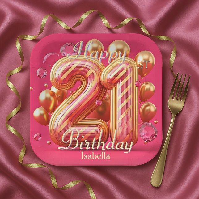 Plato De Papel Pink & Gold Glitter Drip 21st Birthday Celebration (Subido por el creador)