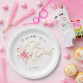 Plato De Papel Pink & Gold “Oh Girl” Gold Typography Baby Shower