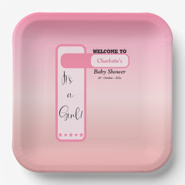 Plato De Papel Pink Gradient Cute Eyeball Text Baby Shower (Anverso)