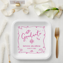 Plato De Papel Pink Hand Drawn Doodles White Graduation Quirky
