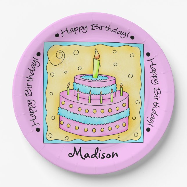 Plato De Papel Pink Happy 1er Birday Cake Name Personalizado (Anverso)