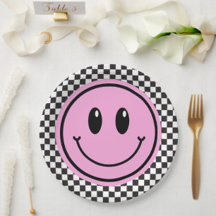 Plato De Papel Pink Happy Face Checker Kids Cumpleaños