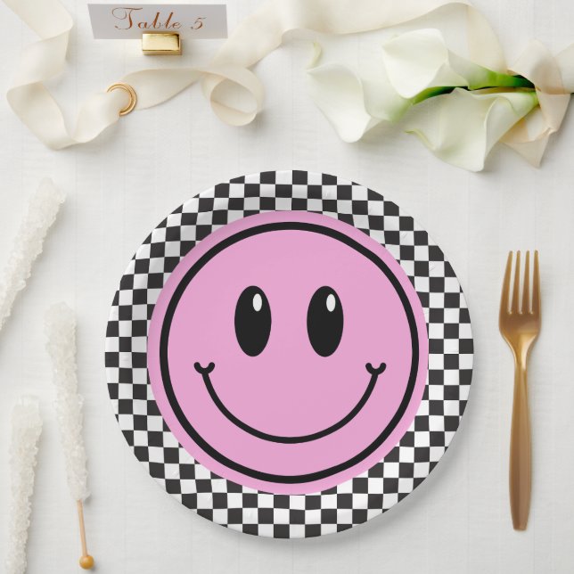 Plato De Papel Pink Happy Face Checker Kids Cumpleaños (Boda)