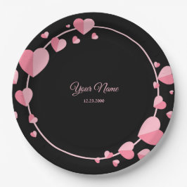 Plato De Papel Pink Heart Black Geometric Wedding Party Elegant