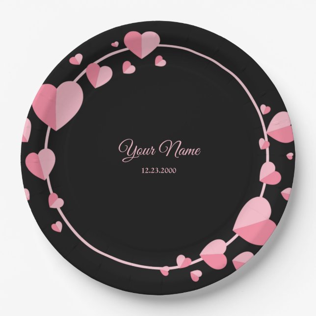 Plato De Papel Pink Heart Black Geometric Wedding Party Elegant (Anverso)