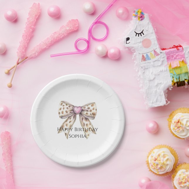 Plato De Papel Pink Heart Leopard Girly Bow Cumpleaños (Fiesta)