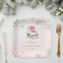Pink Ice Skating Girl Birthday Gold Snowflakes