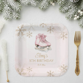 Plato De Papel Pink Ice Skating Girl Birthday Gold Snowflakes