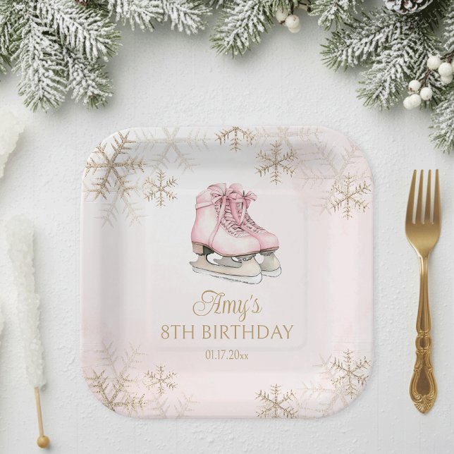 Plato De Papel Pink Ice Skating Girl Birthday Gold Snowflakes (Subido por el creador)