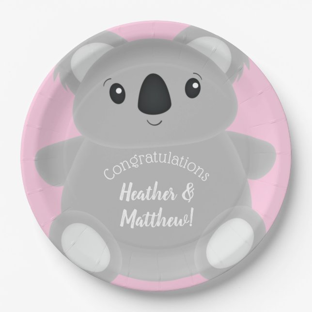Plato De Papel Pink Koala Bear Baby Shower (Anverso)