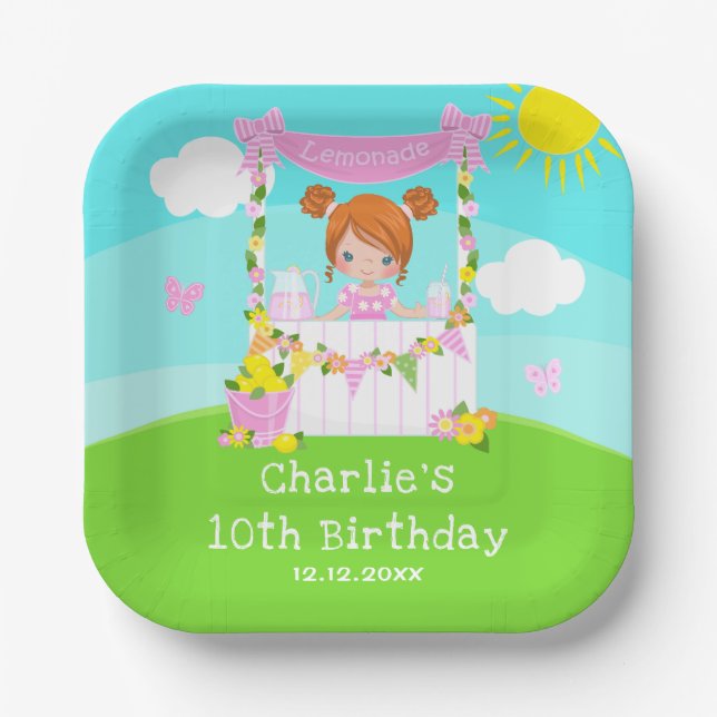 Plato De Papel Pink Lemonade Stand Birday Red Hair Chica (Anverso)