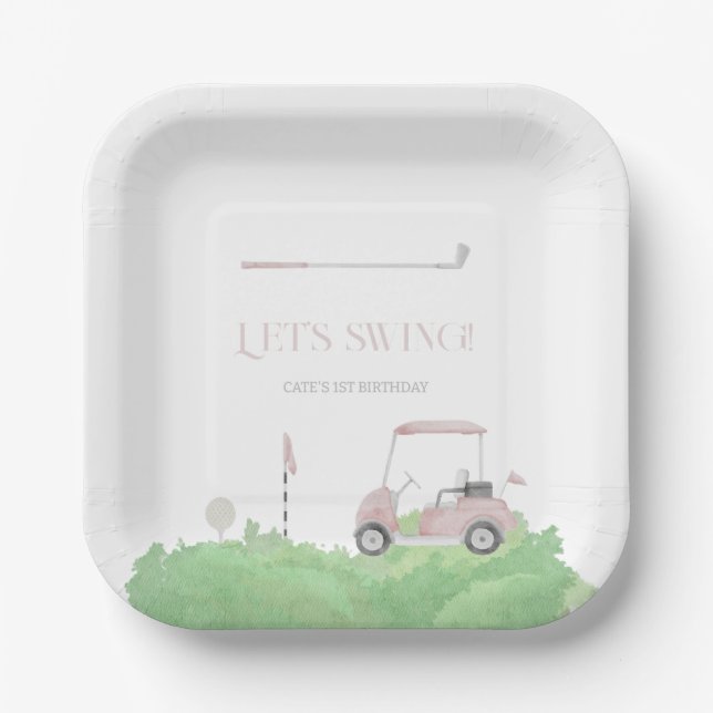 Plato De Papel Pink Let's par tee Golf Birthday (Anverso)