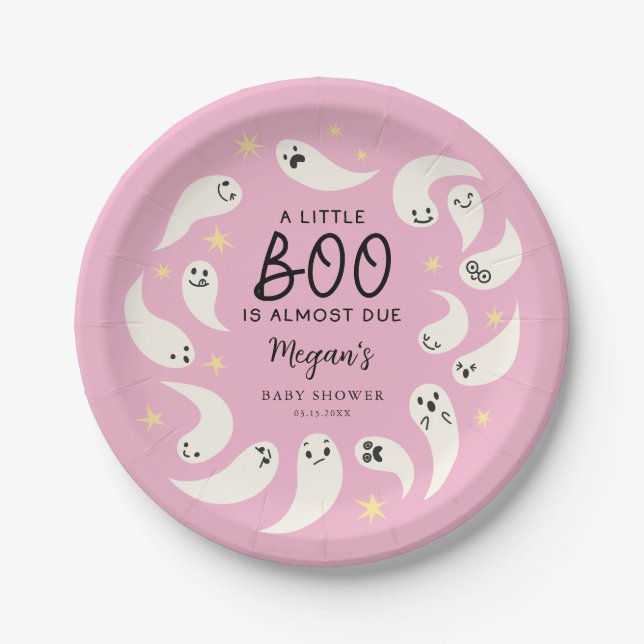 Plato De Papel Pink Little Boo Baby Shower Octubre (Anverso)