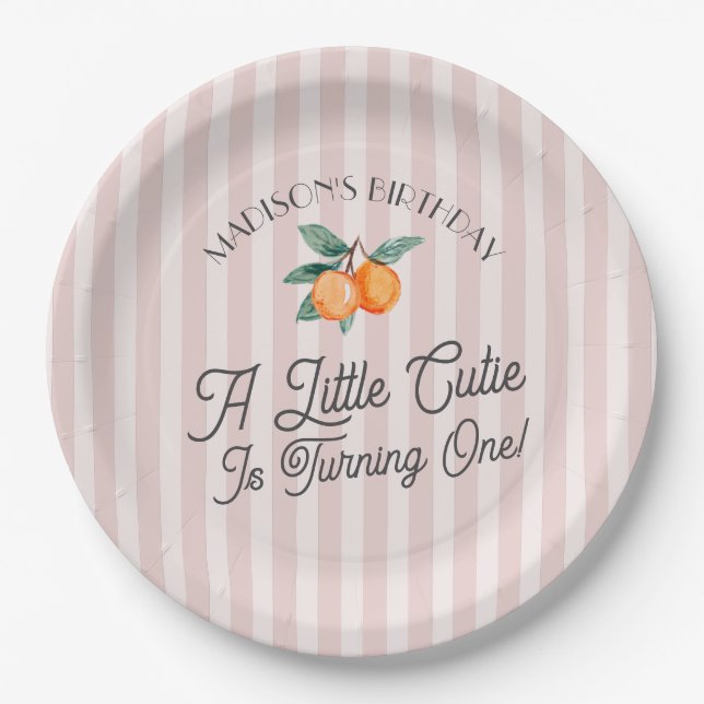 Plato De Papel Pink Little Cutie Pastel Citrus Birday Party (Anverso)