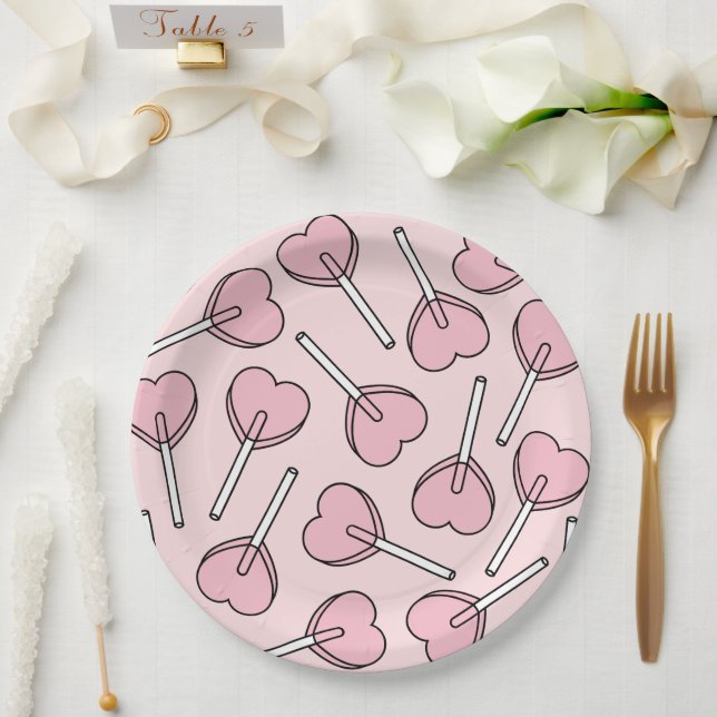 Plato De Papel Pink Lollipops, Heart Lollipops, Lollipop Pattern (Boda)