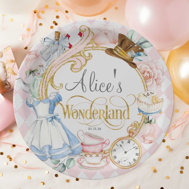 Plato De Papel Pink, Mad Hatter, Tea Party, Girl Wonderland (Alice Wonderland, mad hatter, tea party, pink birthday paper plate.)