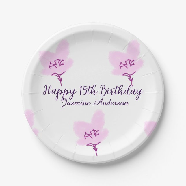 Plato De Papel Pink mauve floral 15th birthday quinceanera name d (Anverso)