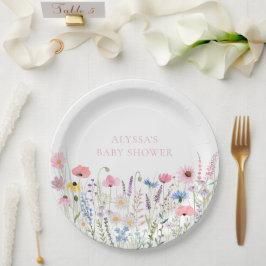 Plato De Papel Pink Meadow Wildflowers Baby Shower