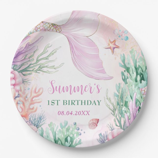 Plato De Papel Pink Mermaid 1st Birthday Oneder The Sea (Anverso)