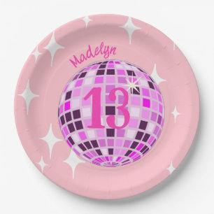 Plato De Papel Pink Modern Disco Mirror Ball 13 cumpleaños