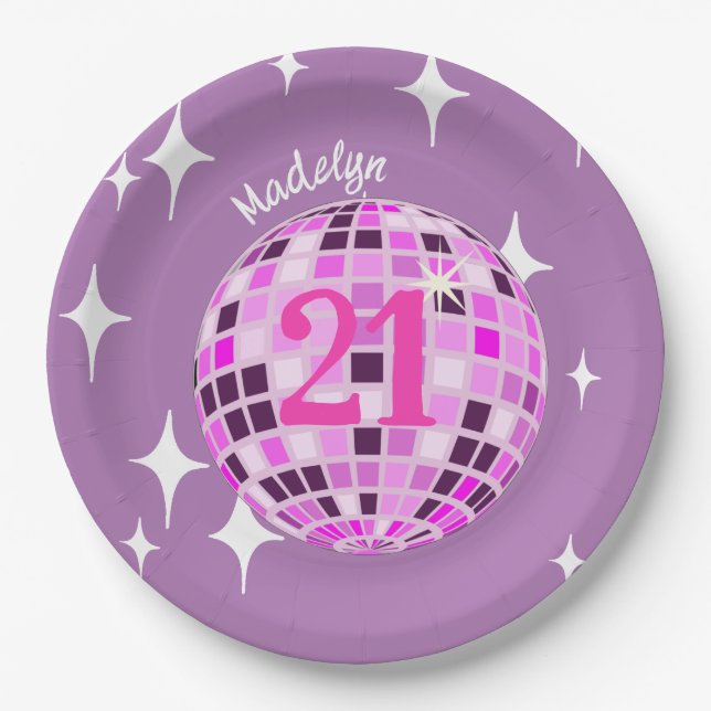 Plato De Papel Pink Modern Disco Mirror Ball 21 cumpleaños (Anverso)