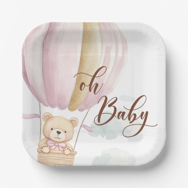 Plato De Papel Pink Oh Baby Script Bear in Hot Air Balloon Shower (Anverso)