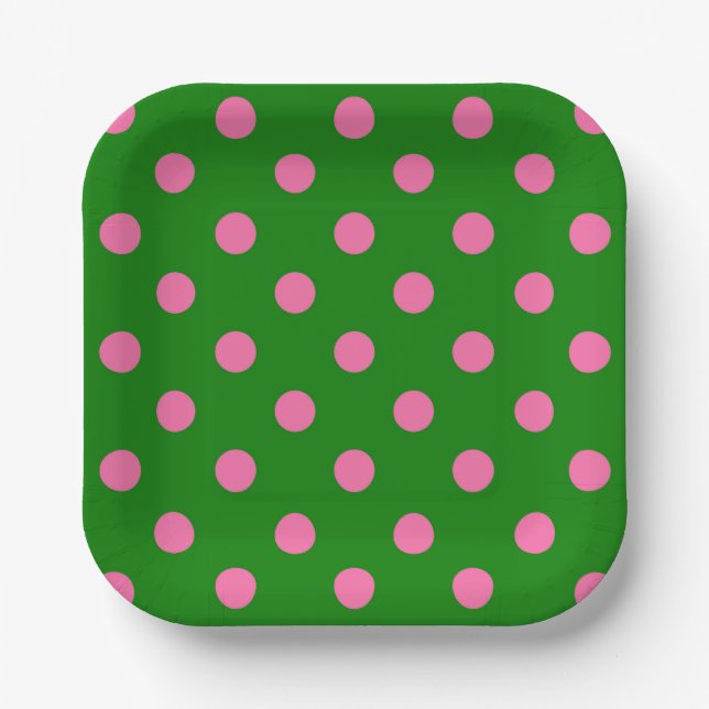 Plato De Papel Pink On Green Polka Dots Pattern Design  (Anverso)
