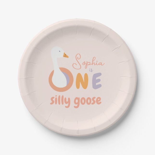 Plato De Papel Pink One Silly Goose Cute Chica Primer Fiesta de C (Anverso)