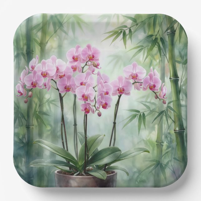 Plato De Papel Pink Orchid Plant On Bamboo Background (Anverso)
