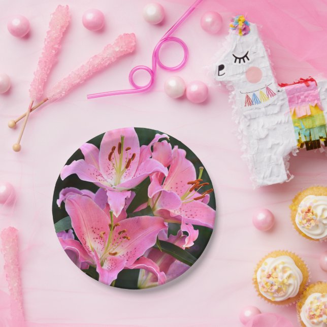 Plato De Papel Pink Oriental Lilies Floral (Fiesta)