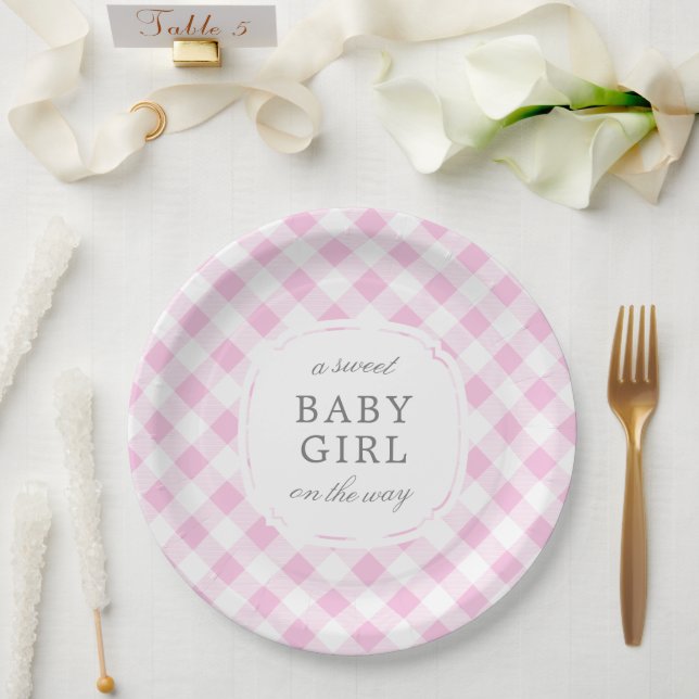 Plato De Papel Pink pálido Gingham Plaid Sweet Baby Girl (Boda)