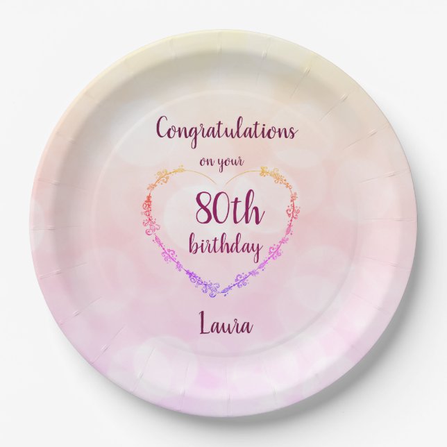 Plato De Papel Pink pastel cumpleaños 80 (Anverso)