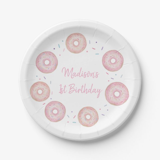 Plato De Papel Pink Pastel Donut Cumpleaños (Anverso)