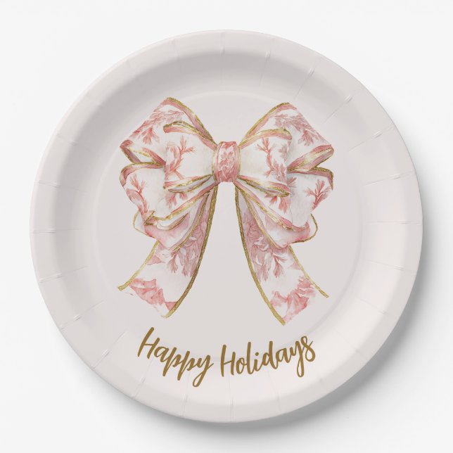Plato De Papel Pink Pastel Elegant Christmas Bow Paper Plates (Anverso)