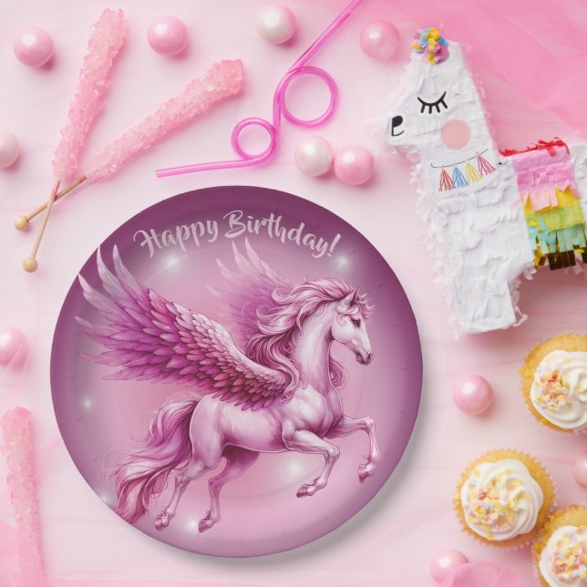 Plato De Papel Pink Pegasus "Feliz cumpleaños" (Fiesta)