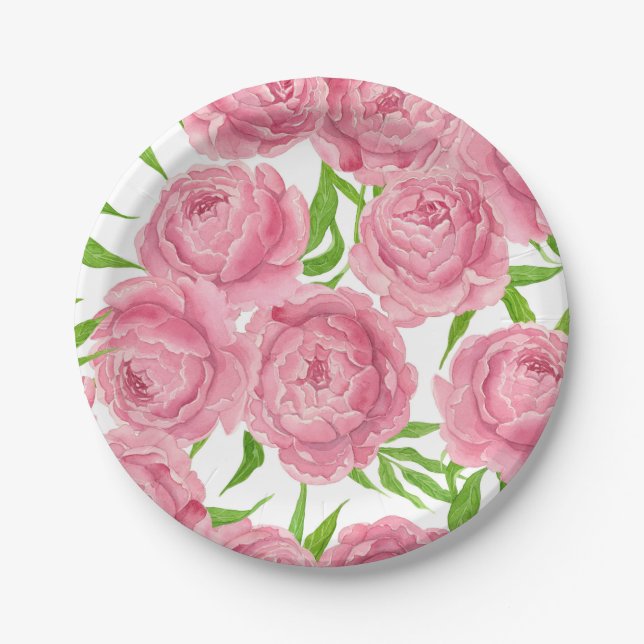 Plato De Papel Pink peonies acuarela (Anverso)