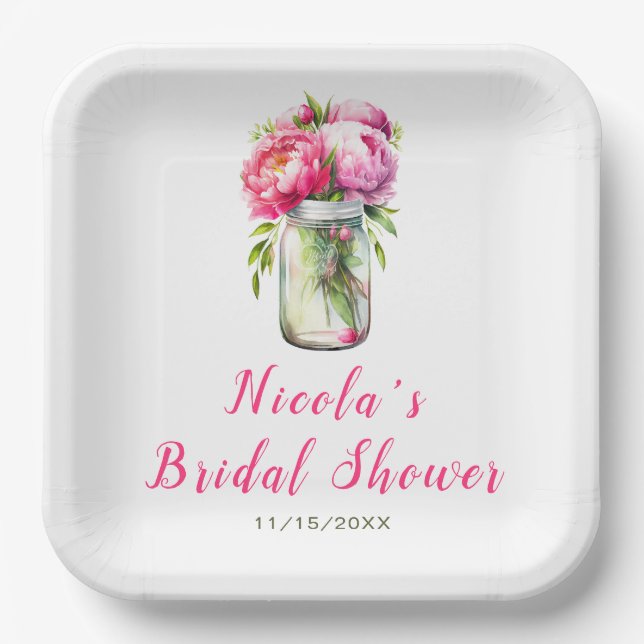 Plato De Papel Pink Peonies Mason Jar Bridal Shower (Anverso)